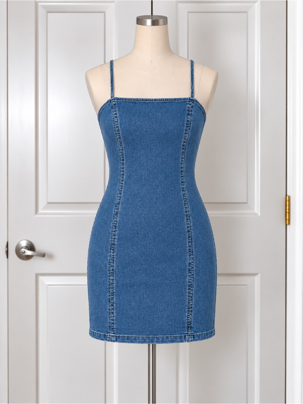 IRIS Women’s Blue Denim Bodycon Mini Dress L Square Neck